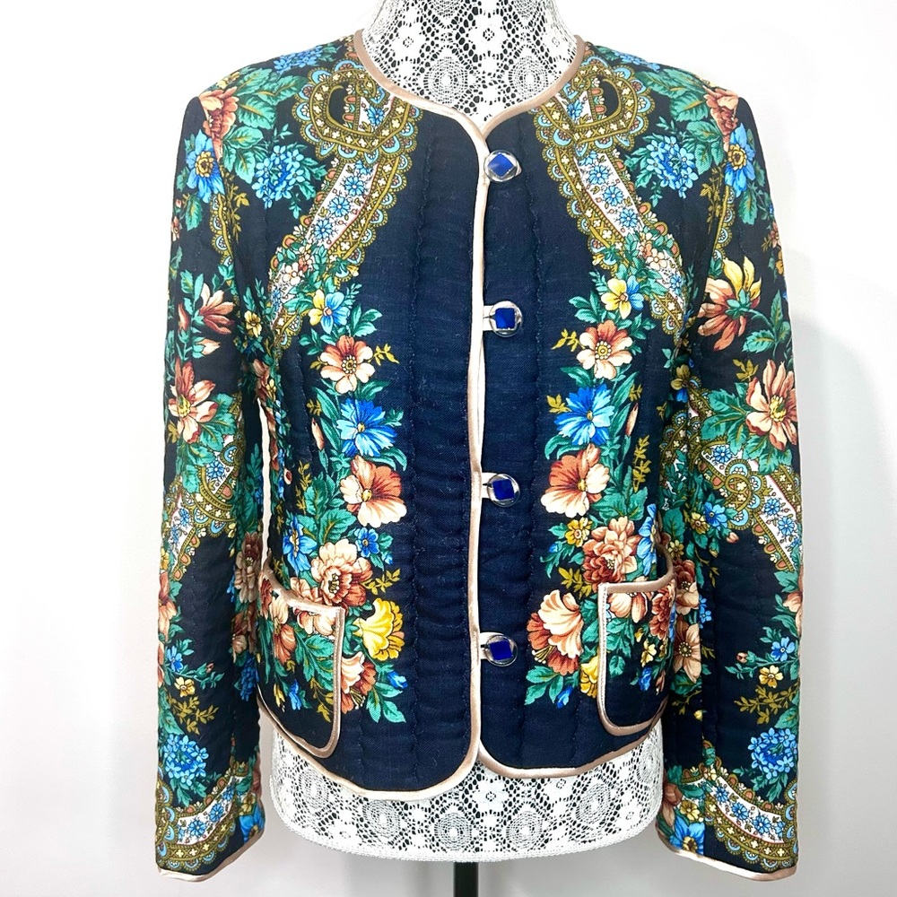 Quilted Handmade Deep Navy Blue Floral Blazer Button front pockets OOAK